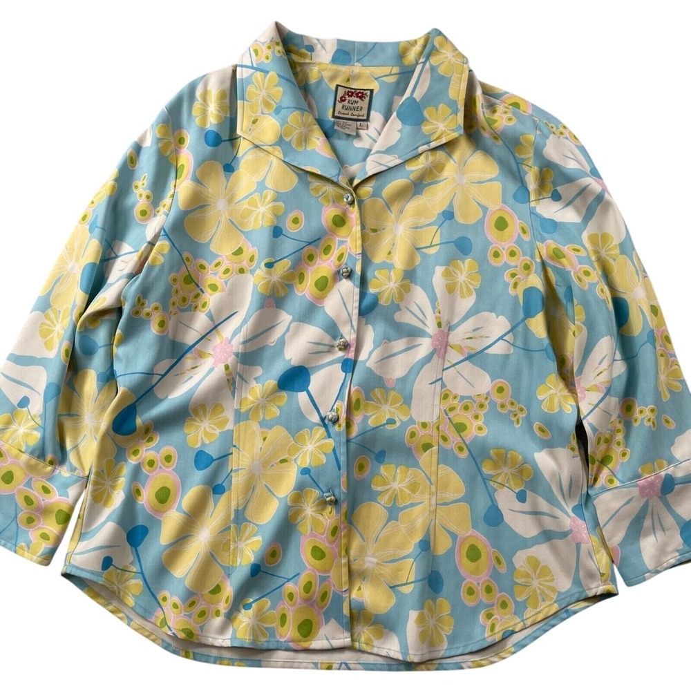 Rum Runner Top Womens Large‎ 100% Silk Floral Hawaiian Tropical Collared Blouse